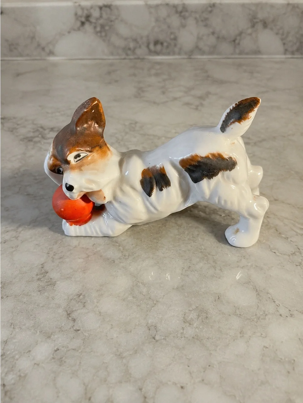 Vintage Made in Japan Porcelain Terrier Puppy Figurine with Red Ball